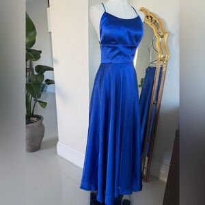 Camille la Vie Royal Blue Satin backless Prom Evening Dress Sz 0